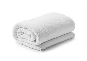 A neatly folded white towel on a plain white background in a well lit studio environment setting view
