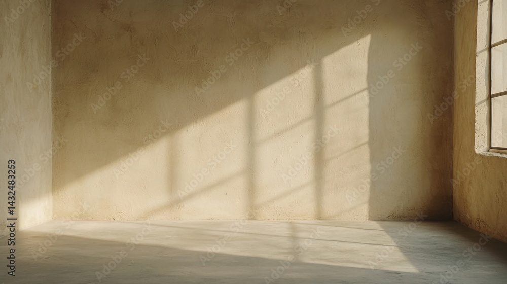 Poster a minimalistic interior space with soft light casting shadows on a textured wall, creating a calm an