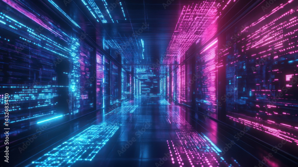 Aufkleber neon luminous digital corridor: abstract data flow and futuristic architecture