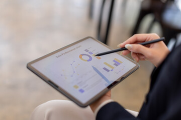 asian business Hands, growth, development  Charts, graphs data analysis and woman with tablet, screen and statistics for online investment report. 
