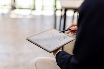 asian business Hands, growth, development  Charts, graphs data analysis and woman with tablet,...