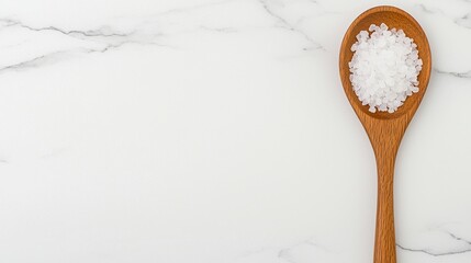 A wooden spoon filled with coarse salt rests on a marble surface, showcasing a minimalist and elegant kitchen aesthetic.