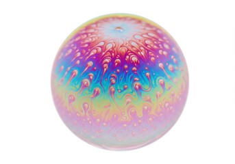 Obraz premium Iridescent soap bubble with colorful patterns and a hole on top on a white background close up view