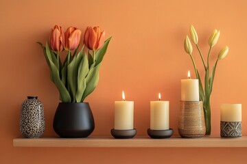 A shelf with a variety of vases and candles, including some orange tulips. The candles are lit, creating a warm and inviting atmosphere
