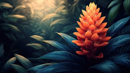 Vibrant tropical flower amidst lush foliage