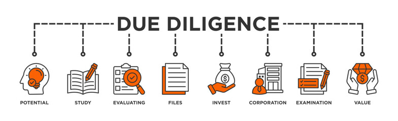 Due diligence banner web icon illustration concept with icon of potential, study, evaluating, files, invest, corporation, examination and value