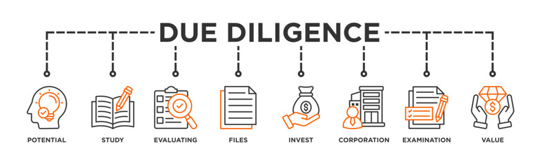 Due diligence banner web icon illustration concept with icon of potential, study, evaluating, files, invest, corporation, examination and value