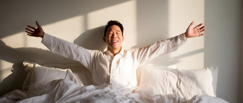 Happy men with a smile on his face in the bedroom at home, extending his arms in bed after waking up in the morning.