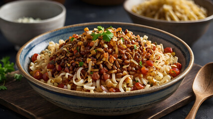 Ultra HD image of an Egyptian koshari dish with lentils, rice, pasta, and crispy onions