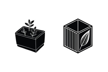 Black And White Isometric Illustration Of Plant Pot And Leaf Box Symbol