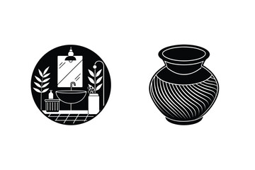 Minimalist Bathroom Interior Design With Vase Silhouette Black And White Vector