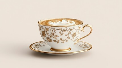 Elegant cup of cappuccino with ornate gold detailing