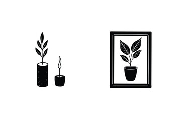 Decorative Plants And Candle In Simple Black And White Illustration Style
