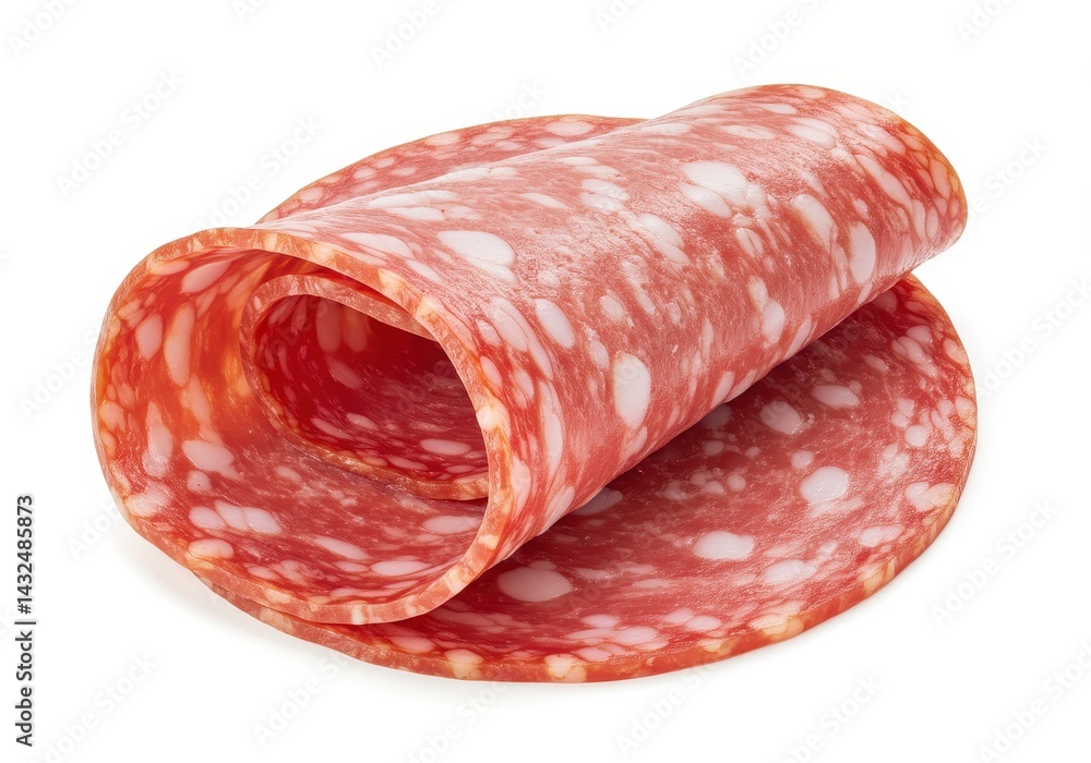 Poster a single slice of salami rolled over itself with visible fat marbling on a white background close up