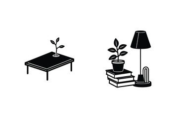 Minimalist Black And White Illustration Of Table Sprout Books Plant And Lamp