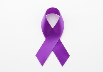 Close up of a single purple awareness ribbon centered on a plain white background in a studio shot