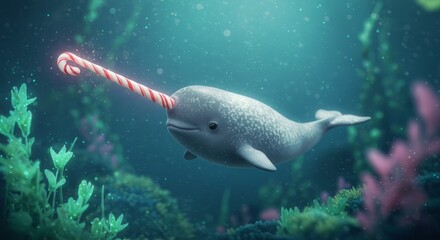 Fototapeta premium Narwhal with candy cane horn swims in an underwater scene.