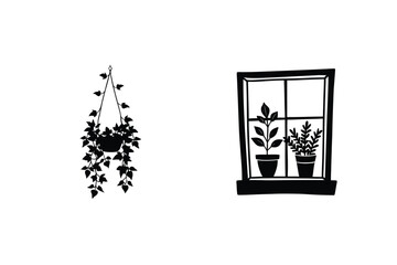 Black Silhouette Of Hanging Plant And Window Potted Plants Illustration