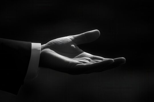Elegant black and white hand gesture symbolizing offering or assistance in a dramatic light