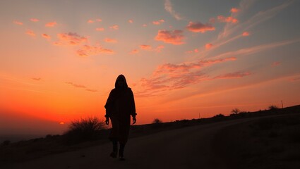 Obraz premium Lonely Walk with Elongated Shadow at Sunset​