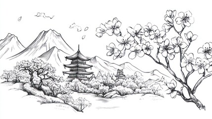 Japanese Pagoda, Cherry Blossoms, Mountain View; Peaceful Asian Landscape