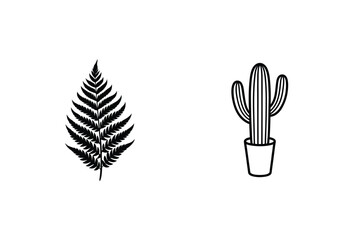 Black And White Fern Leaf And Potted Cactus Line Art Illustration