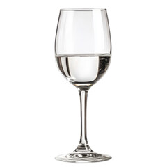 A clear wine glass filled with a transparent liquid against a stark black background in the studio shot