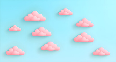 Flat-style cartoon 7 pink clouds floating on a smooth blue-to-teal gradient sky background