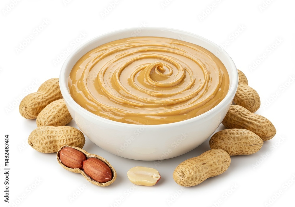 Poster a bowl of creamy peanut butter with peanuts around it on a white background in a studio setting