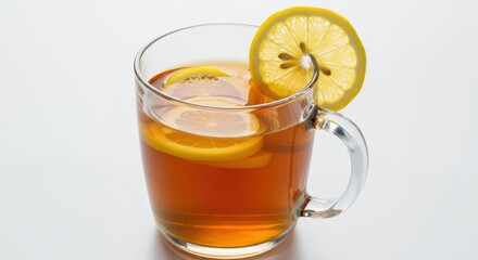 Clear mug filled with tea and lemon slices on a white background in a studio setting shot close up
