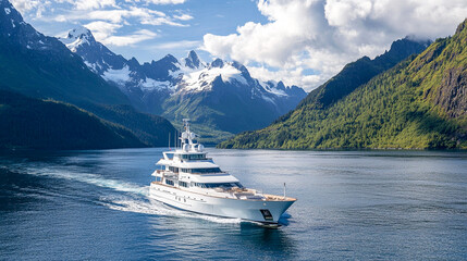 Luxury Yacht Sailing in Scenic Paradise: A magnificent luxury yacht elegantly cruises on a calm, pristine lake embraced by towering mountains and lush forests.