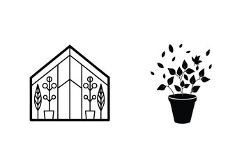 Greenhouse With Potted Plants And Single Plant Pot Vector Graphic Black And White