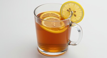 A clear glass mug filled with tea and several lemon slices on a white surface in a studio shot