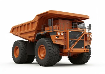 Obraz premium A large orange mining truck with massive tires isolated on a plain white background in a studio shot
