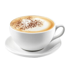 A cappuccino in a white cup with a saucer and chocolate powder on top of the frothy milk foam