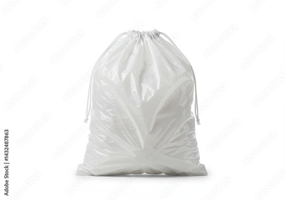 Aufkleber a white drawstring bag filled with items sitting on a white surface in a studio environment view