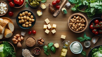 an assortment of fresh and wholesome ingredients displayed on a wooden table top for a culinary concept showcasing a variety of dietary options and cooking possibilities