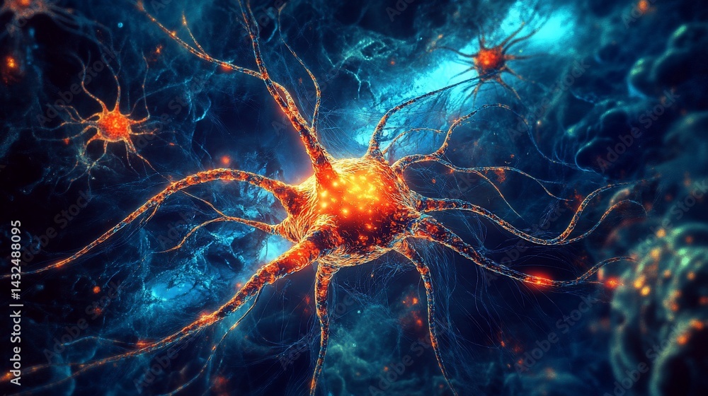 Aufkleber vivid depiction of neuron cells with glowing synapses forming complex neural network connections