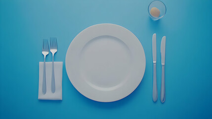 silverware, napkins, and an empty white plate on a table with a blue tablecloth on top.