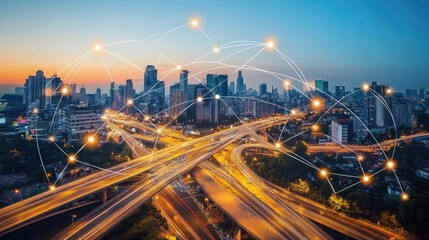 Fototapeta premium Interconnected metropolis: Networked urban landscape with vibrant city lights