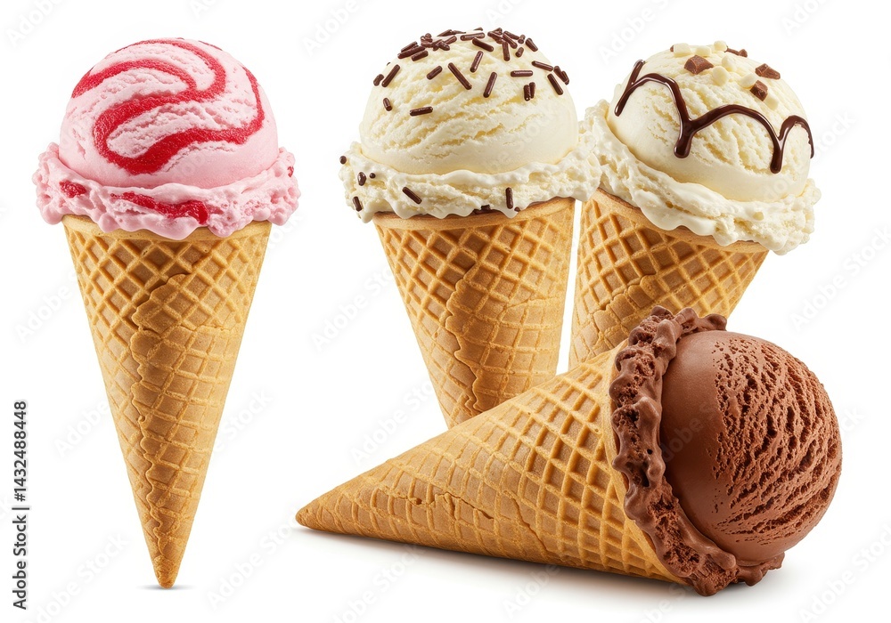Aufkleber four ice cream cones with different flavors and toppings on a white background in a studio setting