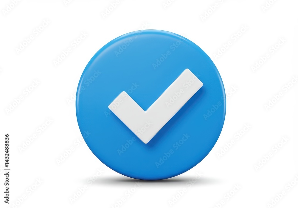 Poster a blue circle with a white check mark in the center on a white background with soft shadows cast bel