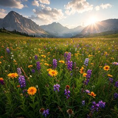 Fototapeta premium &nbsp;Mountain meadow blooming with color, sky vast above, earth singing quietly through petals, breeze, and sun.