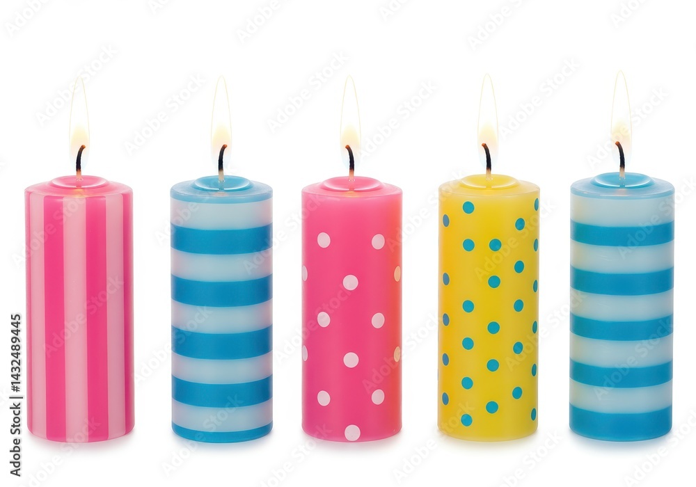Poster five patterned candles in a row with flames against a white background in a studio setting