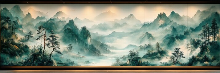 Misty Mountain Landscape Painting.