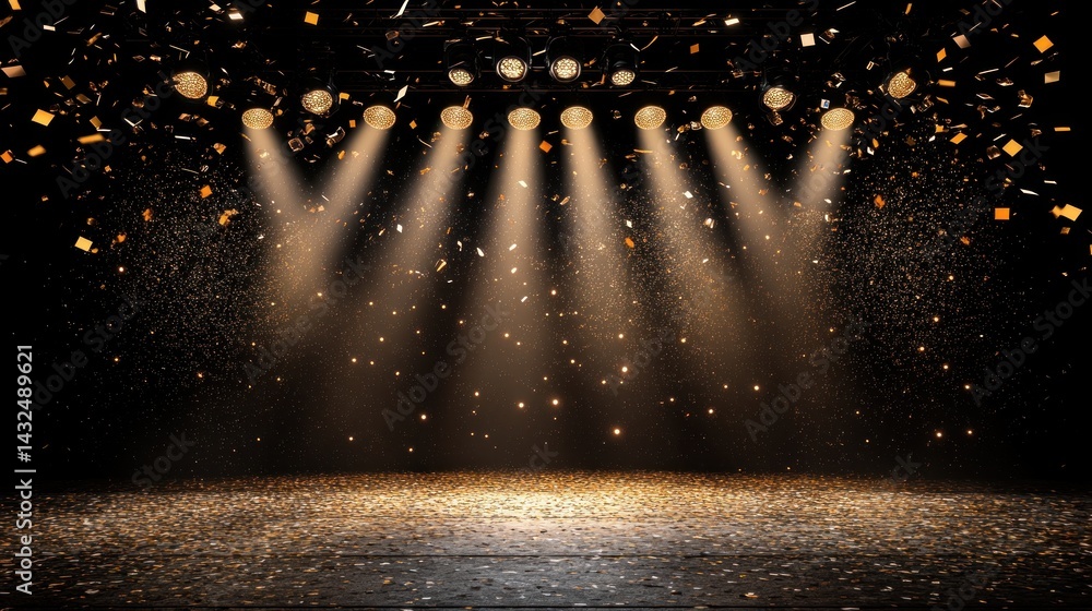 Poster a captivating scene bathed in golden light streams cascading from stage lights onto a floor adorned 