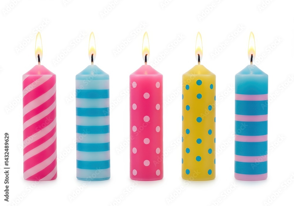 Aufkleber a row of five colorful birthday candles with lit flames and different patterns on a white background