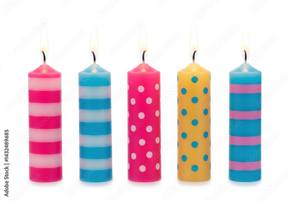 Poster a row of five colorful birthday candles with different patterns and lit flames on white background