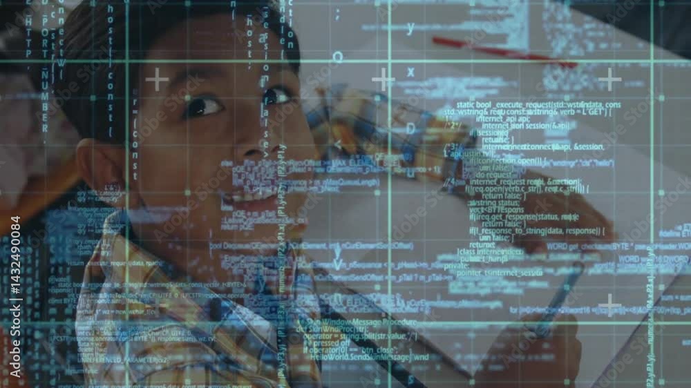 Poster girl coding at desk, holding phone with floating code and gridlines emphasizing technology