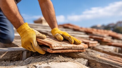 Roof tiles being replaced.  Hands in yellow gloves